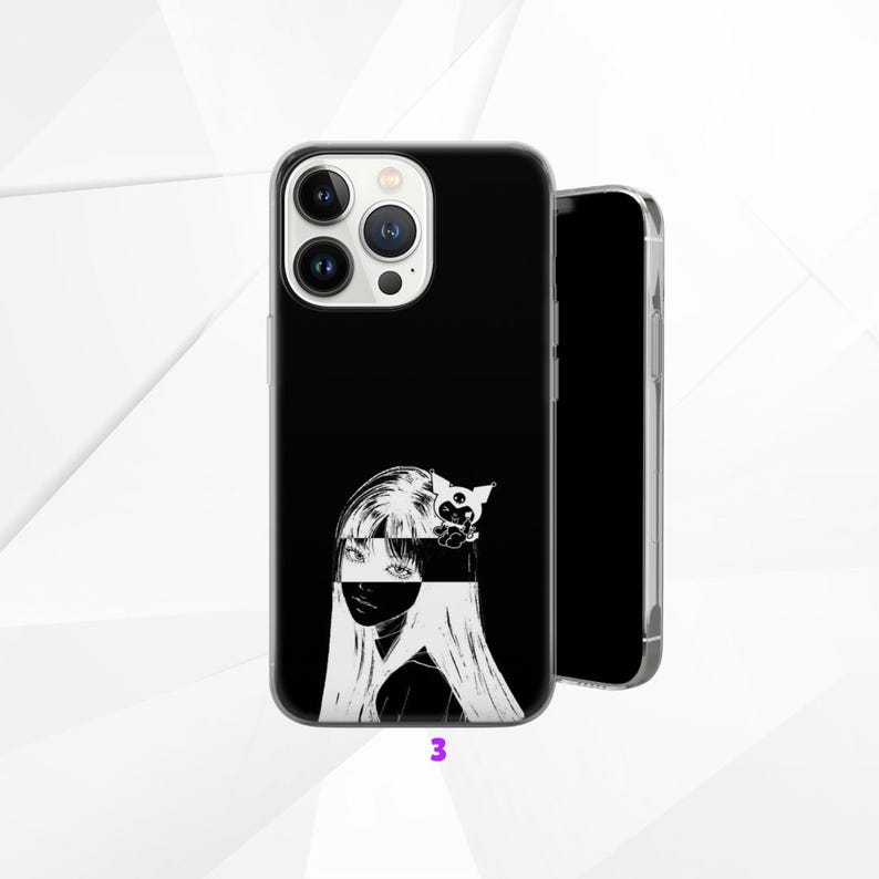 May include: Black phone case featuring a monochrome illustration of a woman with long hair and a cat. The case has a glossy finish and the number "3" is printed at the bottom.