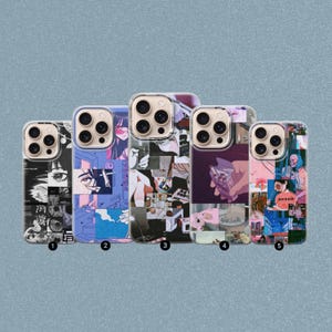 Può includere: Sono presentate cinque custodie per telefono con design unici. Le custodie presentano vari temi artistici, tra cui illustrazioni in stile anime, collage e stampe grafiche. Ogni custodia ha una combinazione di colori diversa, con un mix di nero, bianco, viola e rosa.
