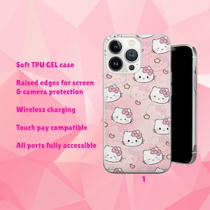 May include: A clear phone case with a pink background featuring a pattern of white Hello Kitty faces with pink bows. The case has raised edges for screen and camera protection. The text on the image says "Soft TPU GEL case", "Wireless charging", and "Touch pay compatible".