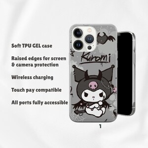 May include: A gray phone case featuring a cartoon character with a skull and devil horns, with the name "Kuromi" written above. The case has raised edges for screen and camera protection, is wireless charging compatible, and touch pay compatible.