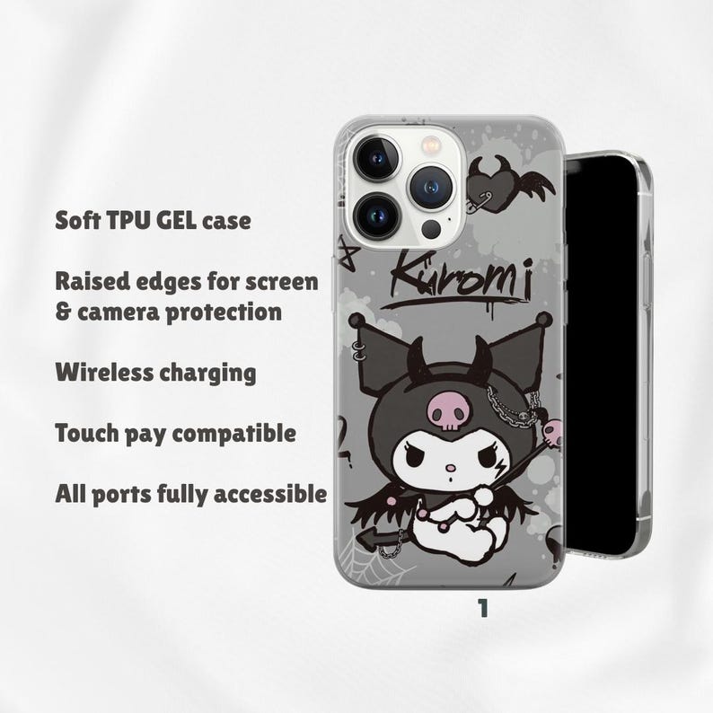 May include: A gray phone case featuring a cartoon character with a skull and devil horns, with the name "Kuromi" written above. The case has raised edges for screen and camera protection, is wireless charging compatible, and touch pay compatible.