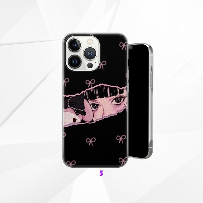 May include: Black phone case with a design featuring a cartoon character peeking through a torn paper effect. The design includes pink bows and the number 5. The phone case is shown next to a phone.