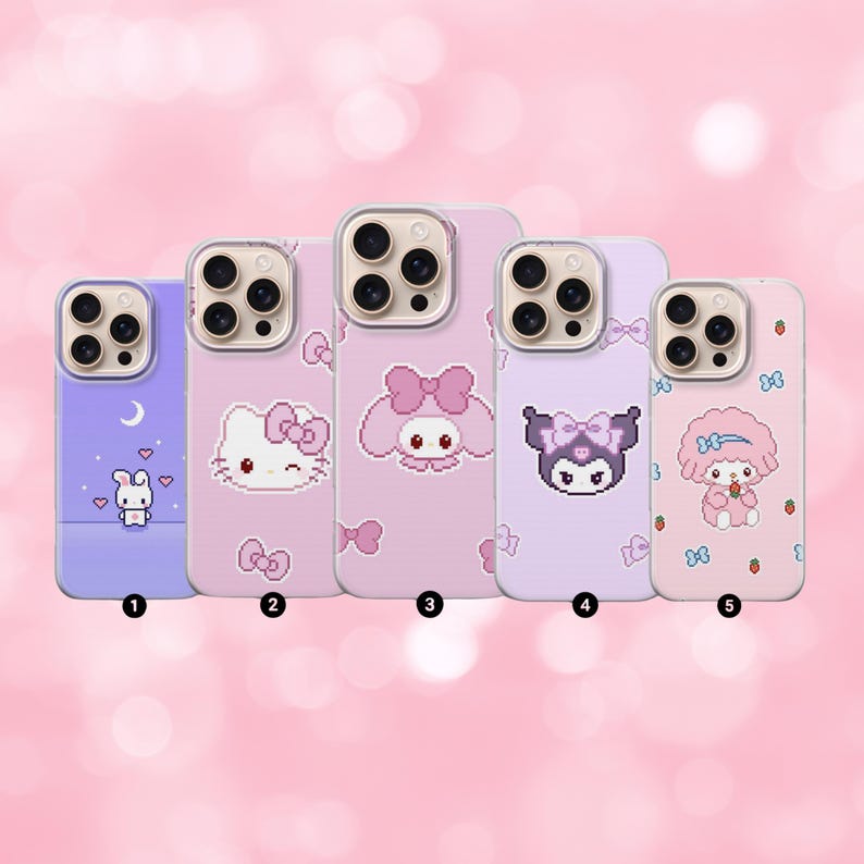 May include: A collection of five phone cases in various shades of purple and pink. Each case features a different cartoon character design, including a bunny, Hello Kitty, and other characters with bows and hearts. The cases are arranged in a row against a pink background.