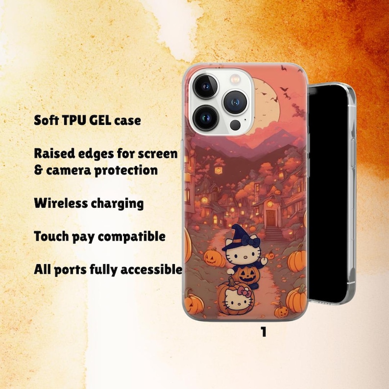 Puede incluir: Funda transparente para tel&eacute;fono con un dise&ntilde;o de Halloween que presenta a Hello Kitty con un sombrero de bruja, calabazas y una escena de pueblo espeluznante. La funda tiene bordes elevados para la protecci&oacute;n de la pantalla y la c&aacute;mara, carga inal&aacute;mbrica y compatibilidad t&aacute;ctil. El texto en la funda dice "Soft TPU GEL case".