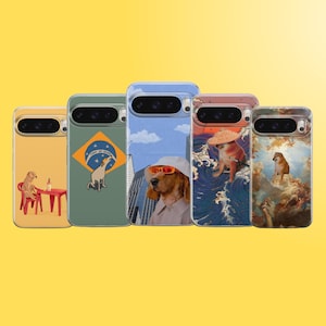 Puede incluir: Una colección de cinco fundas para teléfono con diseños únicos con temática de perros. Cada funda presenta una ilustración diferente, incluyendo un perro en una mesa, un perro con gafas de sol y un perro frente a una ola. Las fundas son de varios colores, sobre un fondo amarillo.