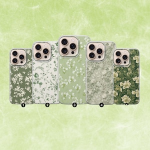 Op de afbeelding: Vijf telefoonhoesjes met bloempatronen. De hoesjes tonen patronen van witte en groene bloemen op een groene achtergrond. De hoesjes zijn genummerd van 1 tot 5.