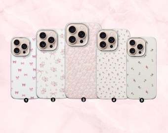 Cute Pink Floral Phone Case Coquette Aesthetic Cover for iPhone 17, 16, 15, 14, 13, 12, 11, Samsung S25, S24, S23, Pixel 10, 9, 8, 7, 6