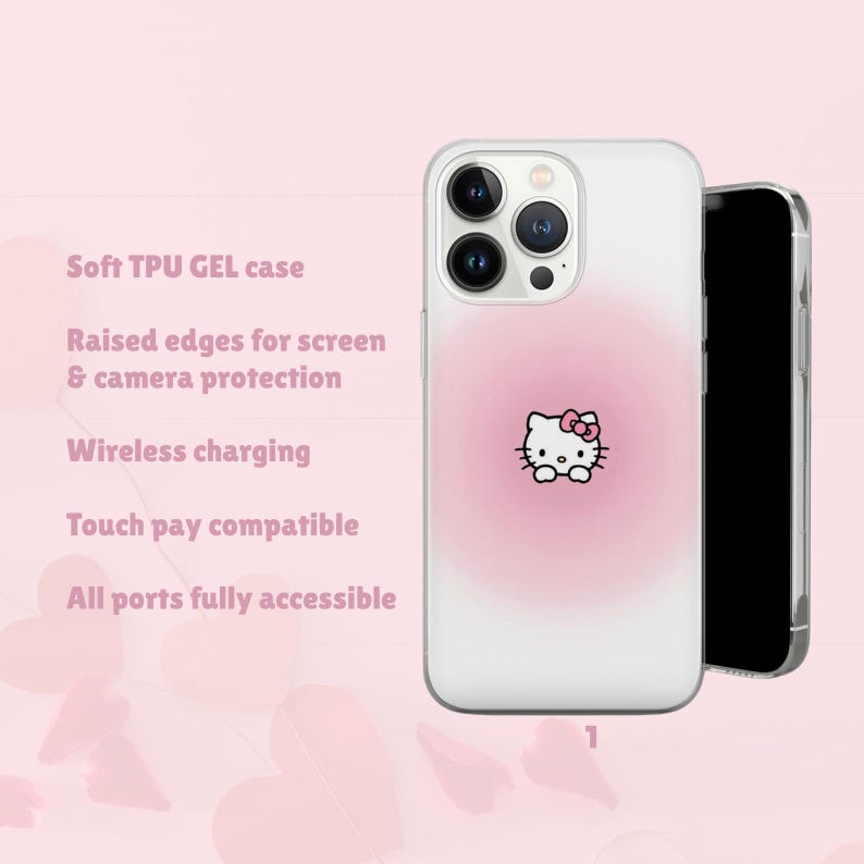 Puede incluir: Funda de tel&eacute;fono blanca con degradado rosa y dise&ntilde;o de Hello Kitty. La funda tiene bordes elevados para proteger la pantalla y la c&aacute;mara. El texto en la funda dice: "Soft TPU GEL case", "Wireless charging", "Touch pay compatible" y "All ports fully accessible".