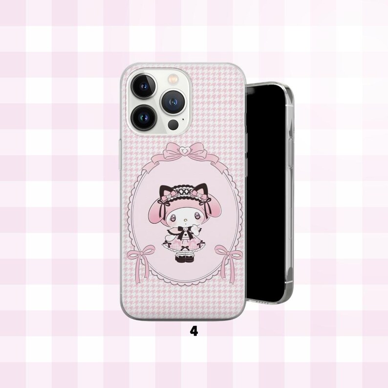 May include: A pink phone case with a cartoon character in a pink oval frame and bows. The case has a houndstooth pattern and the number "4" at the bottom. The phone case is next to a black phone.