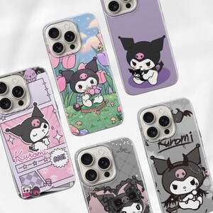 May include: A collection of phone cases featuring the character Kuromi. The cases display various designs, including Kuromi in different poses, comic book panels, and floral backgrounds. The color palette includes shades of purple, pink, and gray.