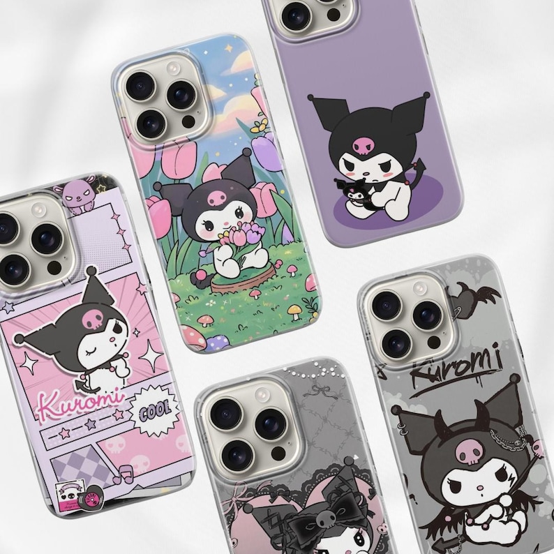 May include: A collection of phone cases featuring the character Kuromi. The cases display various designs, including Kuromi in different poses, comic book panels, and floral backgrounds. The color palette includes shades of purple, pink, and gray.