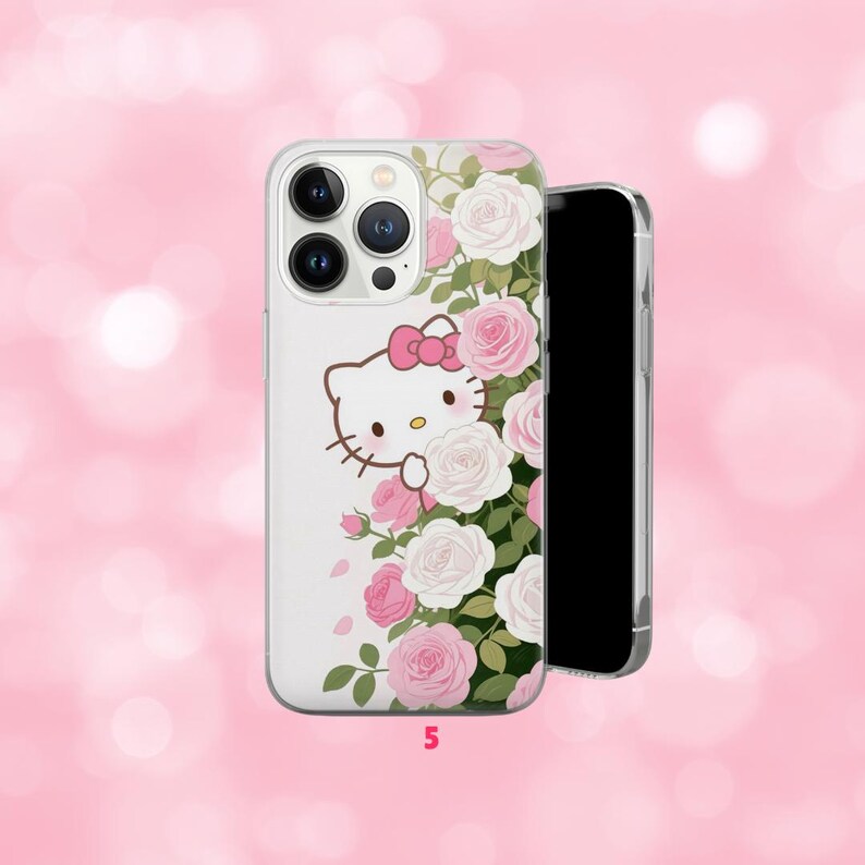 May include: Clear phone case featuring a Hello Kitty design with a pink bow, surrounded by pink and white roses. The number "5" is printed at the bottom. The phone case is shown with a black smartphone.