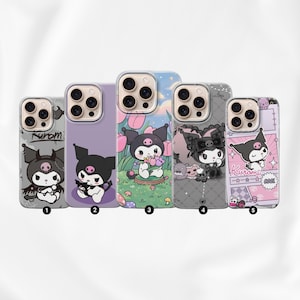 May include: Five phone cases with Kuromi character designs. The cases feature various backgrounds, including a purple, gray, and pink color scheme. Each case has a different Kuromi illustration, with the text "Kuromi" and "Cool" on one case.
