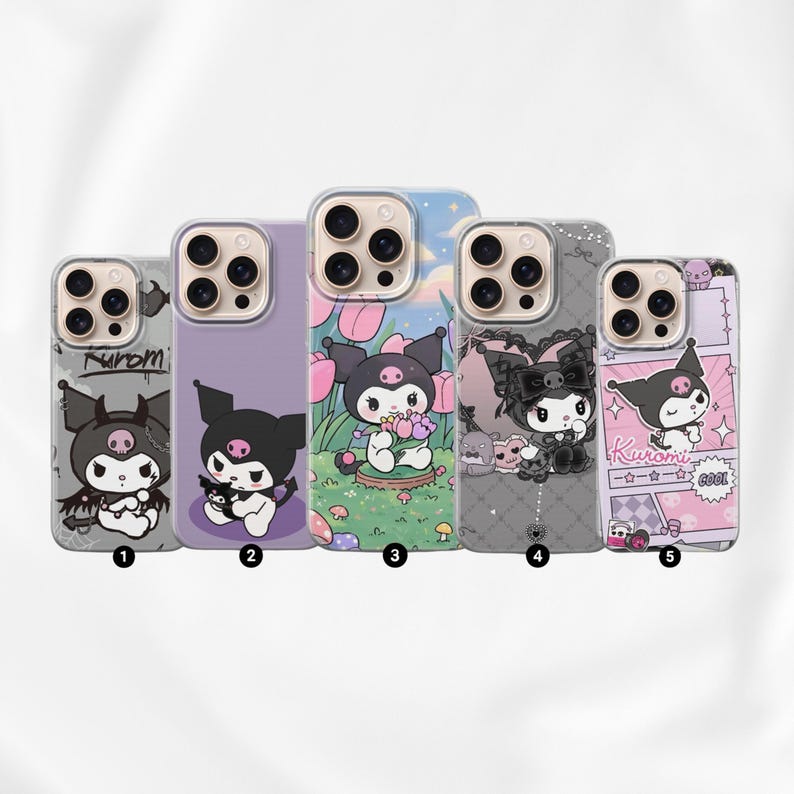 May include: Five phone cases with Kuromi character designs. The cases feature various backgrounds, including a purple, gray, and pink color scheme. Each case has a different Kuromi illustration, with the text "Kuromi" and "Cool" on one case.