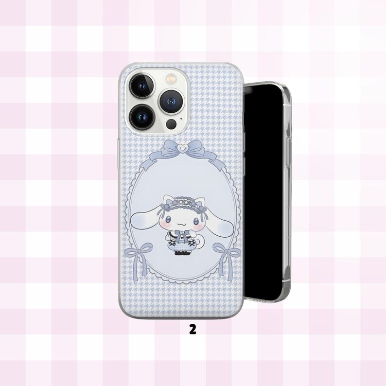 May include: A light blue phone case featuring a houndstooth pattern and a cartoon character illustration. The character is inside a light blue oval frame with bows. The number "2" is printed at the bottom.
