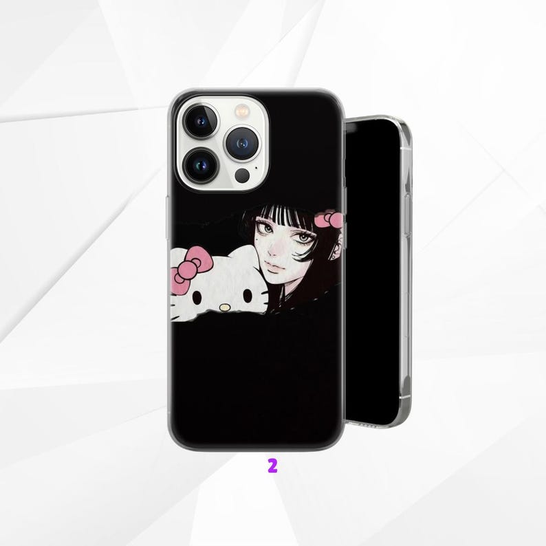 May include: Black phone case with a manga-style illustration of a woman and a Hello Kitty character with pink bows. The case has a clear border and a camera cutout. The number "2" is printed at the bottom.