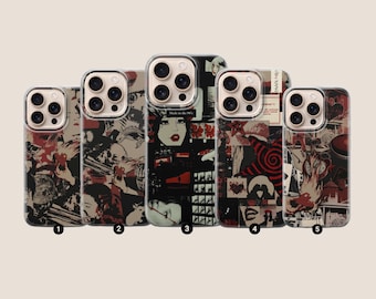 May include: Five phone cases with unique designs. Each case features a collage of images in shades of red, black, and beige. One case has the text "Made in the 90's". The cases are numbered 1 through 5.