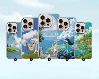 May include: A collection of five phone cases featuring scenic landscape artwork. The cases showcase various designs, including a person walking on a hill, an artist painting, a coastal view, a woman in a kimono, and a river scene with houses.