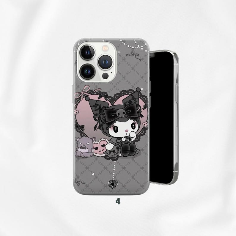 May include: A clear phone case featuring a cartoon character with a black bow and skull on a pink heart. The case has a gray diamond pattern background with a small gray creature and a pink heart-shaped creature. The number "4" is at the bottom.