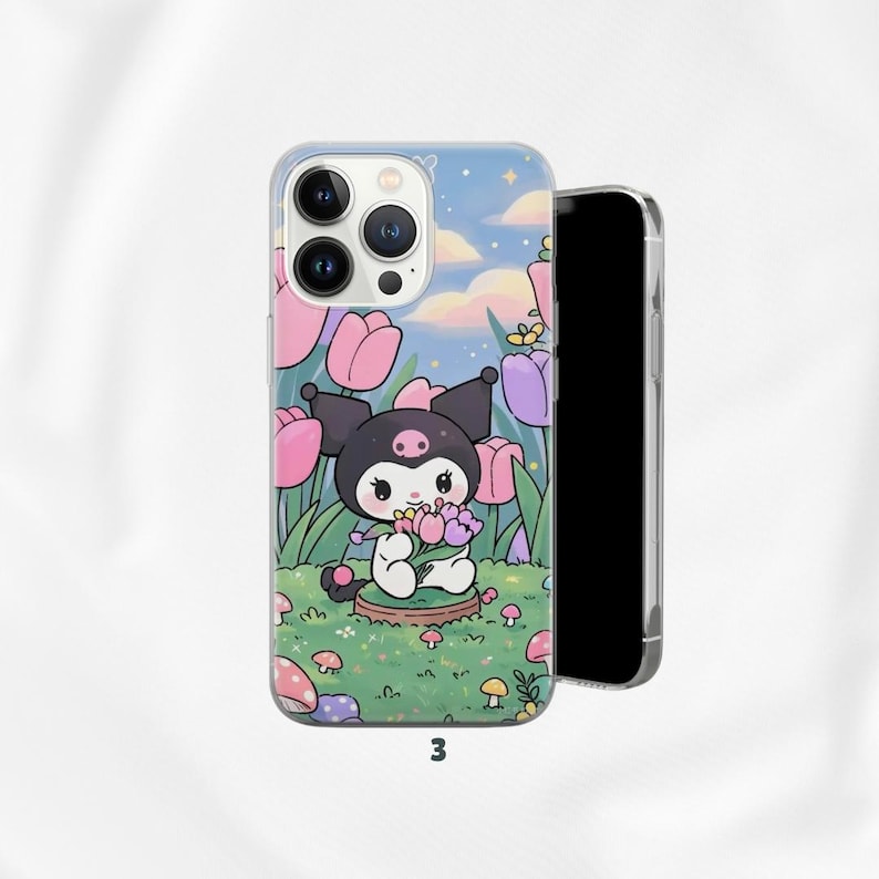 May include: Clear phone case featuring a cartoon character in a garden of pink and purple tulips. The character is black and white with a pink nose and is holding a bouquet of flowers. The background includes a blue sky with clouds and stars. The number "3" is printed at the bottom.