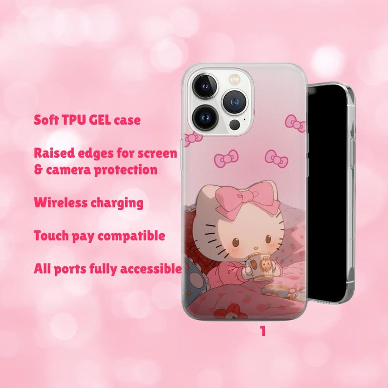 May include: A clear phone case featuring a pink Hello Kitty design. The case has raised edges for screen and camera protection, is wireless charging compatible, and touch pay compatible. The text on the case reads: Soft TPU GEL case, Wireless charging, Touch pay compatible.