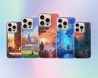 May include: Five phone cases with landscape art in various colours. The cases depict scenes of a sunset, a forest, and a building. The cases are arranged in a row, with the camera cutouts visible.