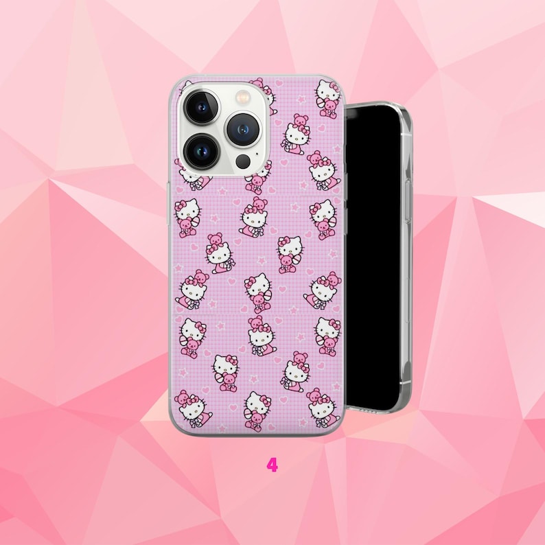 May include: A pink phone case featuring a repeating pattern of the Hello Kitty character. The case has a light purple background with small white stars and a grid pattern. The phone case is shown next to a black smartphone.