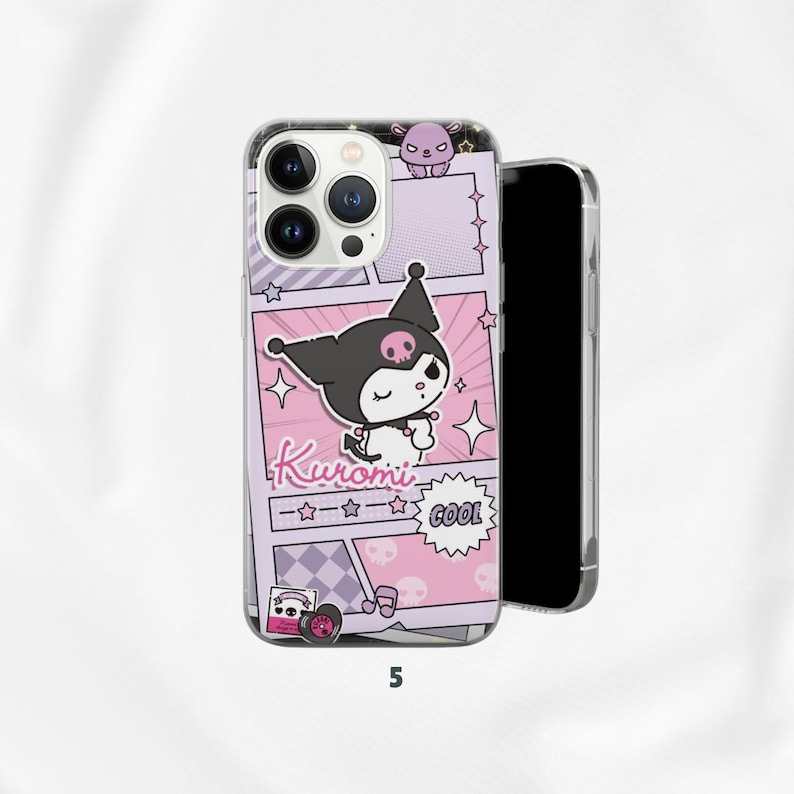 May include: A clear phone case featuring a comic book style design with a cartoon character. The design includes the word "Kuromi" in pink script, stars, and the word "COOL". The phone case is on a white background.