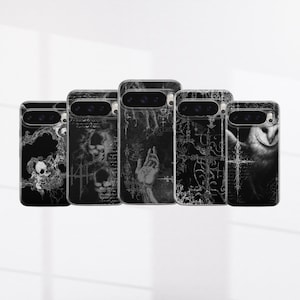 May include: A collection of five black and white phone cases. Each case features a unique gothic design, including skulls, an owl, and ornate patterns. The cases are arranged in a row, showcasing their individual artwork.