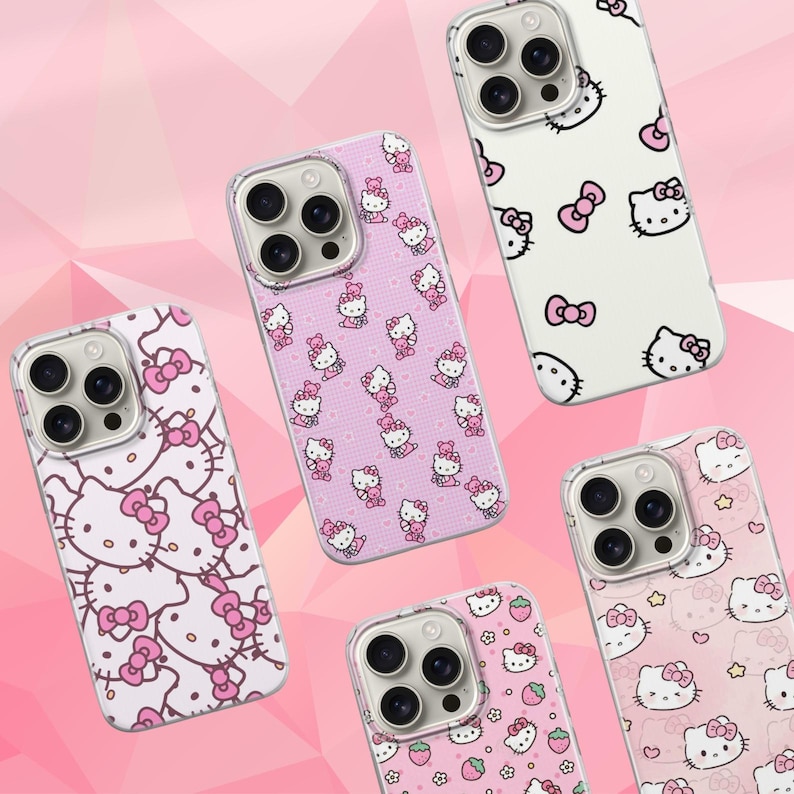 May include: A collection of phone cases featuring the Hello Kitty character. The cases have various designs, including pink bows, strawberries, and the character's face, set against pink and white backgrounds. The cases are designed to fit a phone with a triple-lens camera.