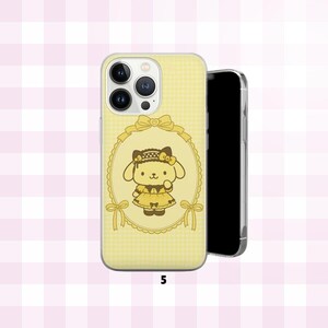 May include: A yellow phone case with a cartoon dog character in a yellow dress and bow. The case has a gingham pattern background and a decorative oval frame. The number "5" is printed at the bottom.