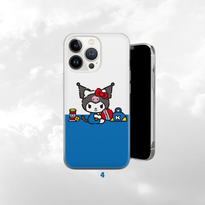 May include: A clear phone case featuring a cartoon character with a red bow, black ears, and a blue outfit. The case has a white top and a blue bottom, with small illustrated accessories.