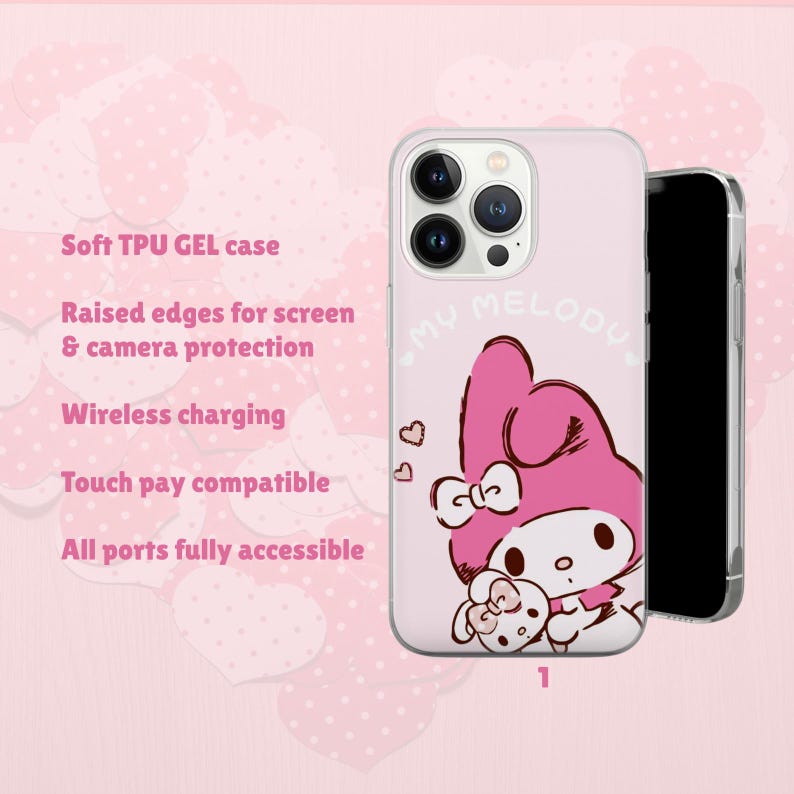 Puede incluir: Funda de tel&eacute;fono rosa con un dise&ntilde;o de My Melody. La funda tiene bordes elevados para la protecci&oacute;n de la pantalla y la c&aacute;mara. El texto "MY MELODY" est&aacute; impreso en la funda. Admite carga inal&aacute;mbrica y pago t&aacute;ctil.