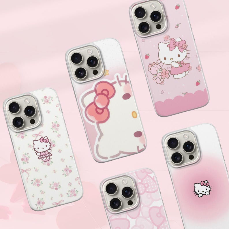 Puede incluir: Una colecci&oacute;n de fundas para tel&eacute;fonos con el personaje Hello Kitty. Las fundas presentan varios dise&ntilde;os, incluyendo patrones florales, el personaje con un lazo y una combinaci&oacute;n de colores rosa. Las fundas est&aacute;n dise&ntilde;adas para un smartphone.
