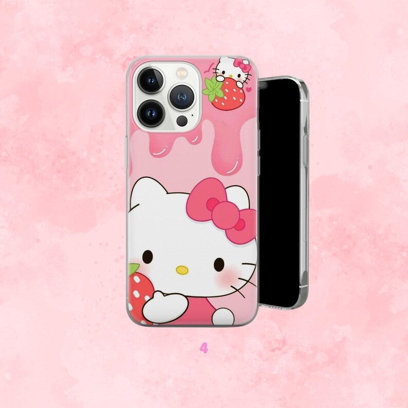 Puede incluir: Funda de tel&eacute;fono rosa con un dise&ntilde;o de Hello Kitty con tem&aacute;tica de fresas. La funda tiene un efecto de goteo rosa y una imagen de dibujos animados de Hello Kitty sosteniendo una fresa. La funda se muestra junto a un smartphone negro.