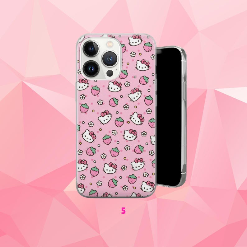 May include: Pink phone case featuring a repeating pattern of Hello Kitty faces, strawberries, and flowers. The case is on a pink background with a geometric design. The number "5" is visible at the bottom.