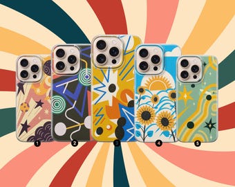 May include: Five colorful phone cases with retro designs. The cases feature various patterns, including stars, geometric shapes, sunflowers, and wavy lines. The background has a striped pattern in shades of red, orange, and brown.