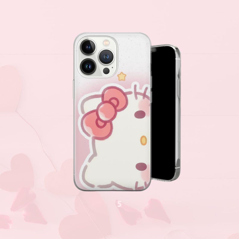 Puede incluir: Una funda transparente para tel&eacute;fono con un personaje de dibujos animados con un lazo rosa y una estrella. La funda est&aacute; en un tel&eacute;fono con pantalla negra. El fondo es de color rosa claro.