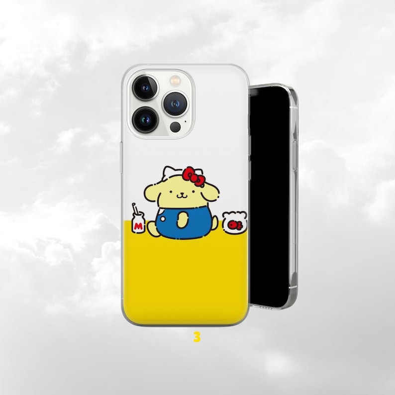May include: A clear phone case featuring a cartoon dog character with a red bow, wearing a blue outfit, and sitting on a yellow background. The phone case has a white top half and a yellow bottom half. The number "3" is printed at the bottom.