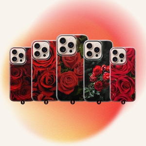 May include: Five phone cases with floral designs featuring red roses. The cases have a glossy finish and a variety of rose arrangements, including close-ups of individual blooms and clusters of flowers. The cases are numbered 1 through 5.