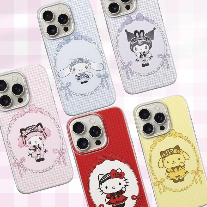 May include: A selection of phone cases with cartoon character designs. The cases feature characters such as Hello Kitty, My Melody, and Cinnamoroll. Each case has a different colour and design, set against a houndstooth pattern background with oval frames.