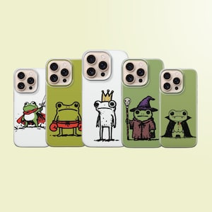 May include: A collection of five phone cases featuring cartoon frog illustrations. The frogs are depicted in various costumes, including a knight, boxer, king, wizard, and vampire. The cases are in white and shades of green.