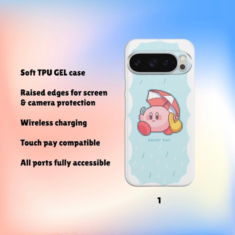 Pu&ograve; includere: Custodia bianca per telefono con un personaggio dei cartoni animati sotto un ombrello sotto la pioggia. La custodia &egrave; in gel TPU morbido, con bordi rialzati per la protezione dello schermo e della fotocamera. Supporta la ricarica wireless e il pagamento touch. Il testo "RAINY DAY" &egrave; visibile.