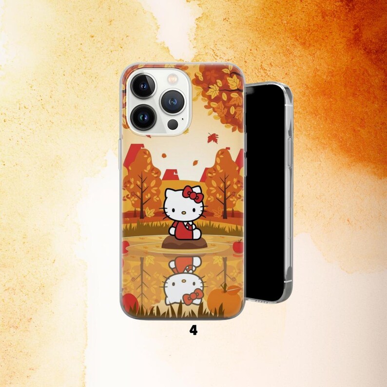 Puede incluir: Funda transparente para tel&eacute;fono con un dise&ntilde;o de Hello Kitty en una escena oto&ntilde;al. El dise&ntilde;o incluye a Hello Kitty con un vestido rojo, &aacute;rboles con hojas naranjas y un reflejo de Hello Kitty. El n&uacute;mero "4" est&aacute; en la parte inferior.