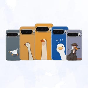 May include: A collection of five phone cases with cartoon goose designs. The cases feature various colors, including blue, orange, and gray. Each case has a unique goose illustration, some with question marks or holding a knife.
