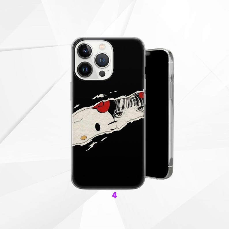 May include: Black phone case with a torn paper design revealing a cartoon illustration of a girl with red bows and eyes. A second phone is shown next to the case.
