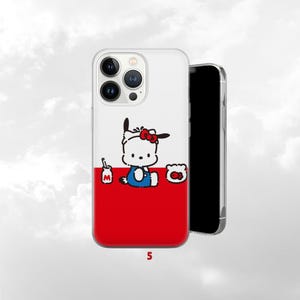 May include: A white and red iPhone case featuring a cartoon character with a red bow. The case has a white top half and a red bottom half. The character is wearing a blue outfit and is next to a milk carton and a heart-shaped cookie.