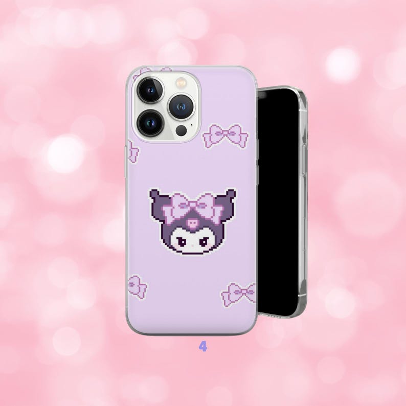 May include: A light purple phone case featuring a pixelated character with a bow and bow accents. The phone case is shown next to a black smartphone. The background is a soft pink with bokeh.