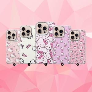 May include: Five phone cases featuring Hello Kitty designs. The cases showcase various patterns, including repeating images of Hello Kitty, bows, and hearts, in shades of pink and white. Each case has a different design.