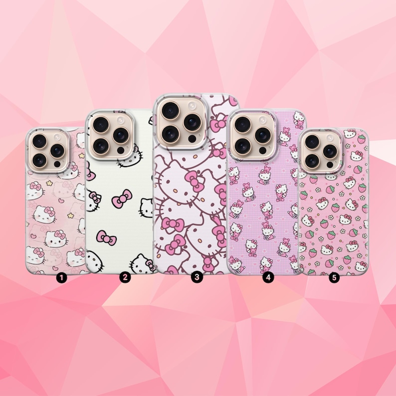 May include: Five phone cases featuring Hello Kitty designs. The cases showcase various patterns, including repeating images of Hello Kitty, bows, and hearts, in shades of pink and white. Each case has a different design.